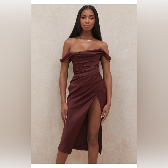 HOUSE OF CB / Rhoda Off the Shoulder Corset Dress brown raisin satin XS - Picture 7 of 11